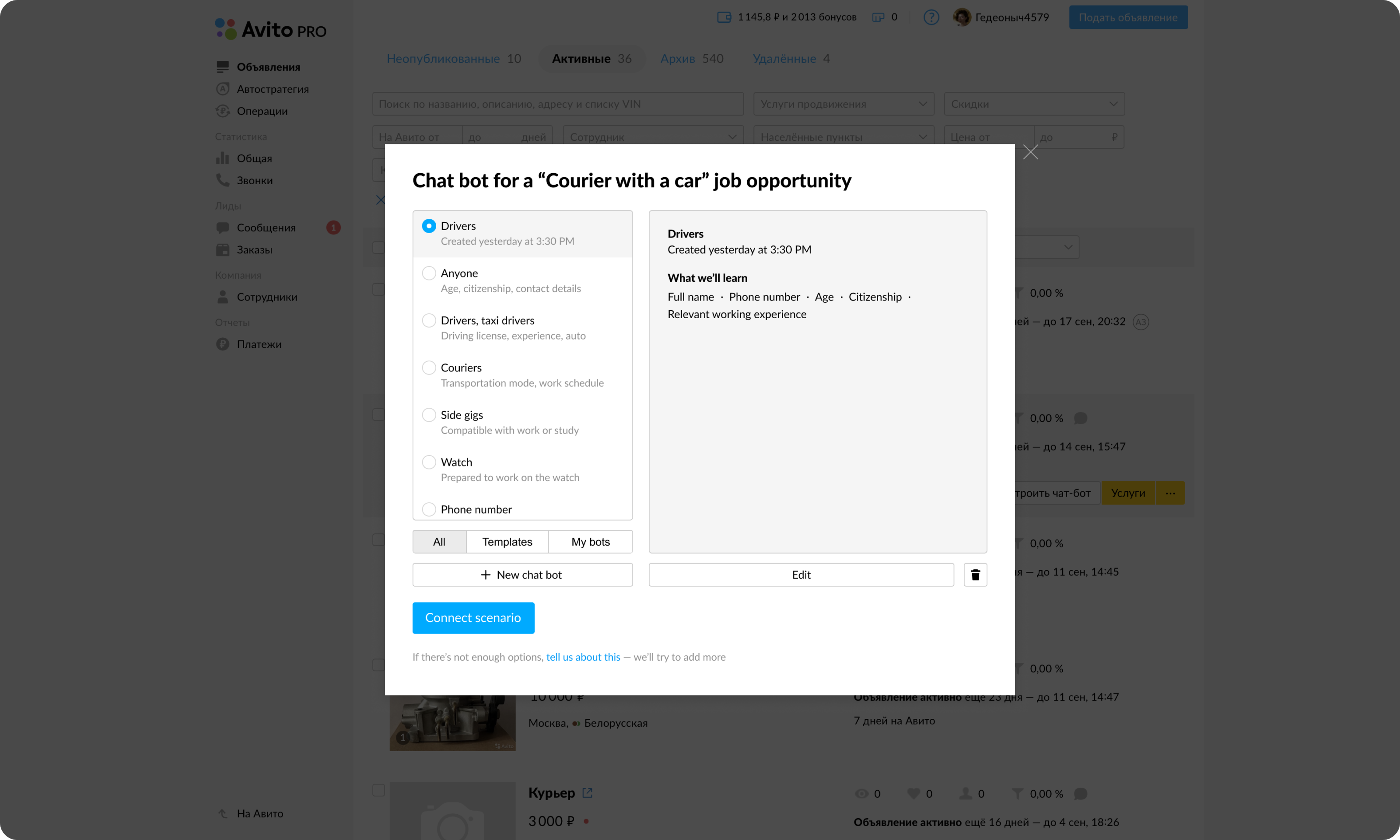 Avito Chatbot Interface